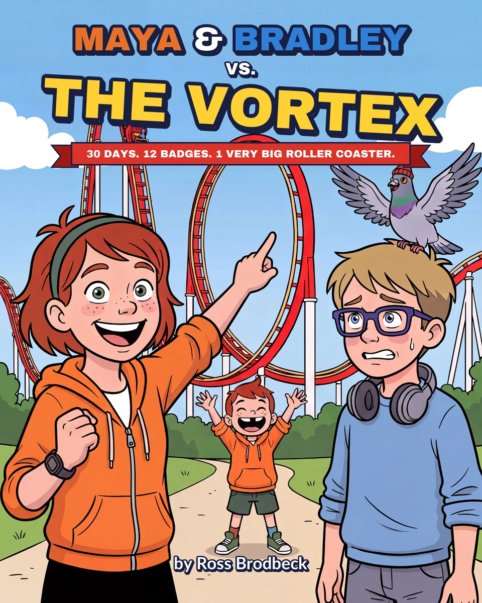 Cover of Maya & Bradley vs. The Vortex: Maya points excitedly at a giant roller-coaster loop while Bradley gulps nervously.